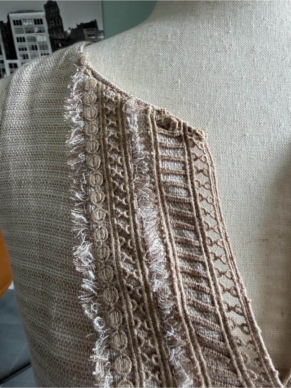 WHBM Neutral Linen Blend Tan Sheath Dress with fringe crochet lace details 4 - Picture 7 of 15